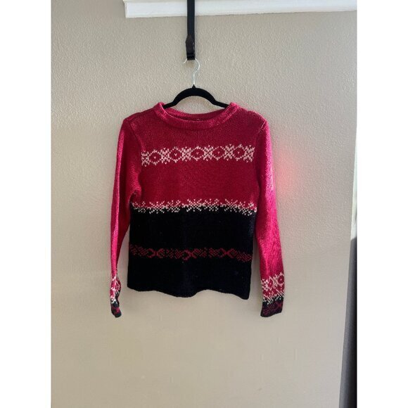 Women's Black & Red Sweater long sleeve fair‎ isle pattern pullover round neck - Picture 1 of 4